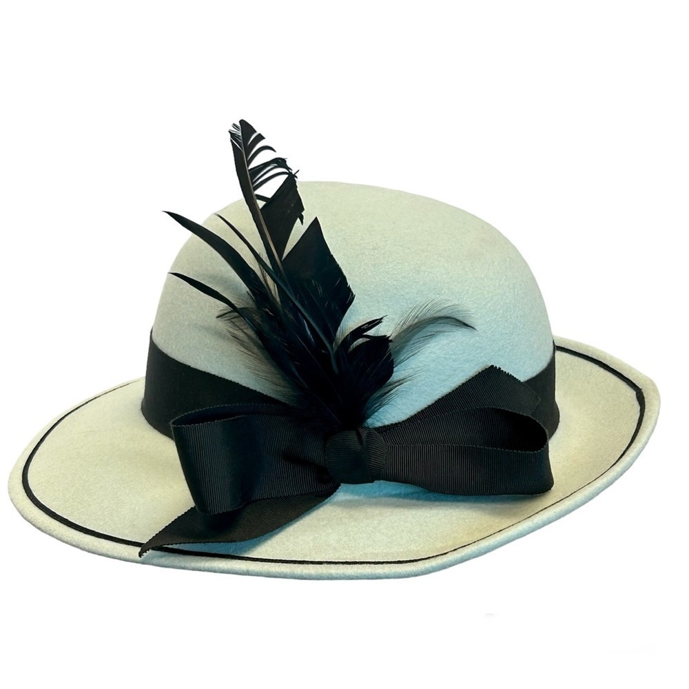 M’sieu Leon light pastel mint green black ribbon feather felt fedora hat